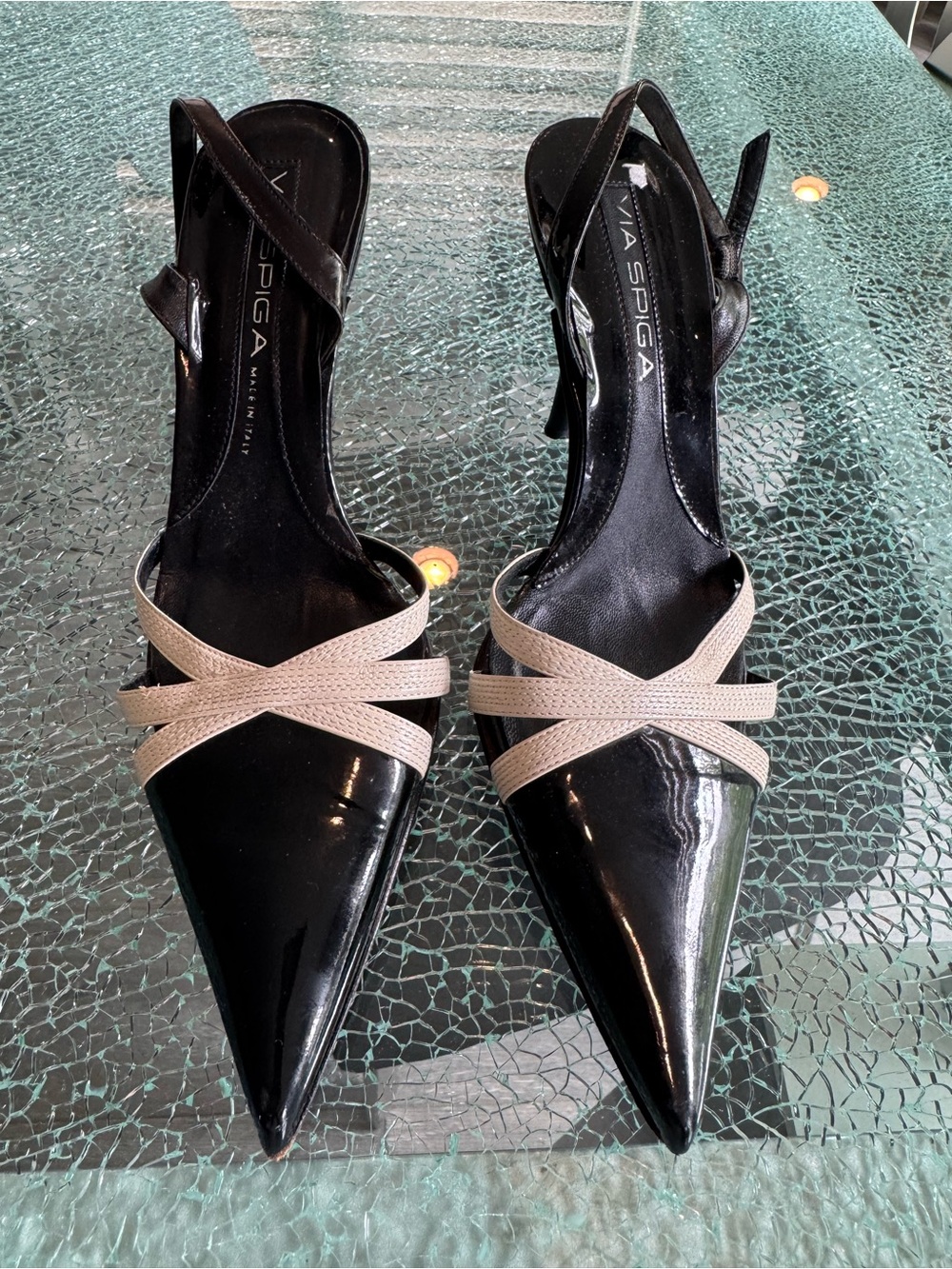 Via Spiga Black Patent Pointed Slingback Pumps with Cream Cross Straps 9M